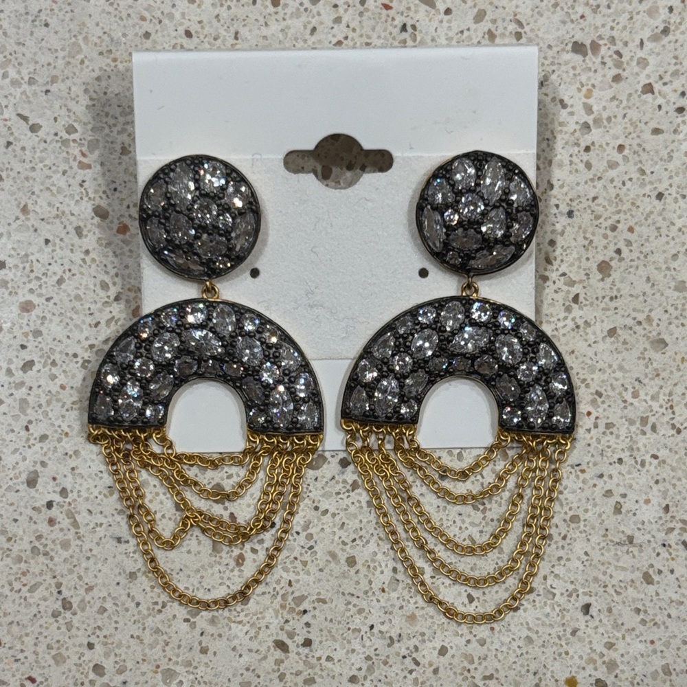 Sparkling Black and Gold Chain Earrings 925 Freida Rothman Sterling Silver